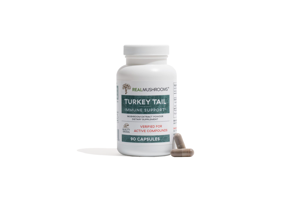 White medicine bottle of Real Mushrooms brand Turkey Tail Immune Support extract powder, 90 capsules | Best Natural Pets