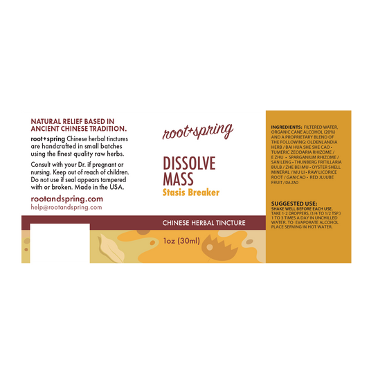 Label of root + spring Dissolve Mass Stasis Breaker Chinese herbal tincture.