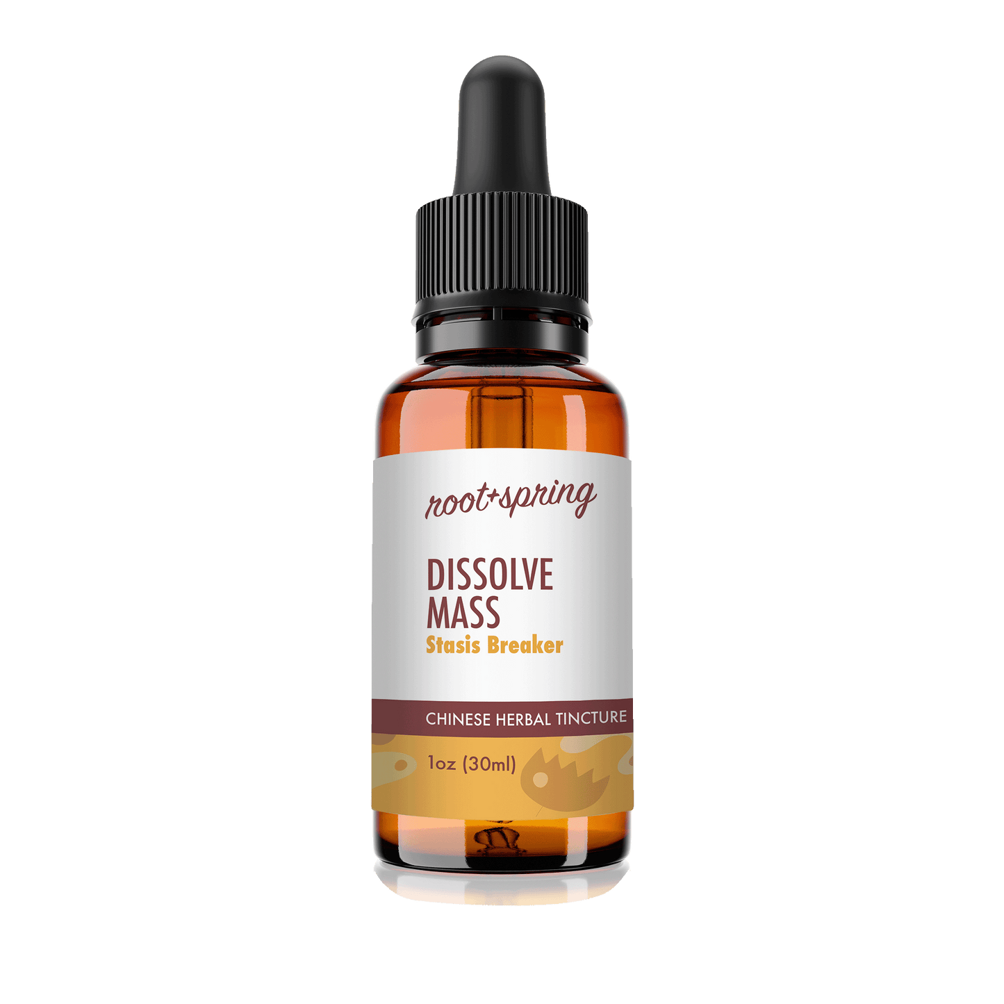 Amber eyedropper-top tincture bottle containing 1 fluid ounce (30ml) of root + spring Dissolve Mass Stasis Breaker Chinese Herbal Tincture.