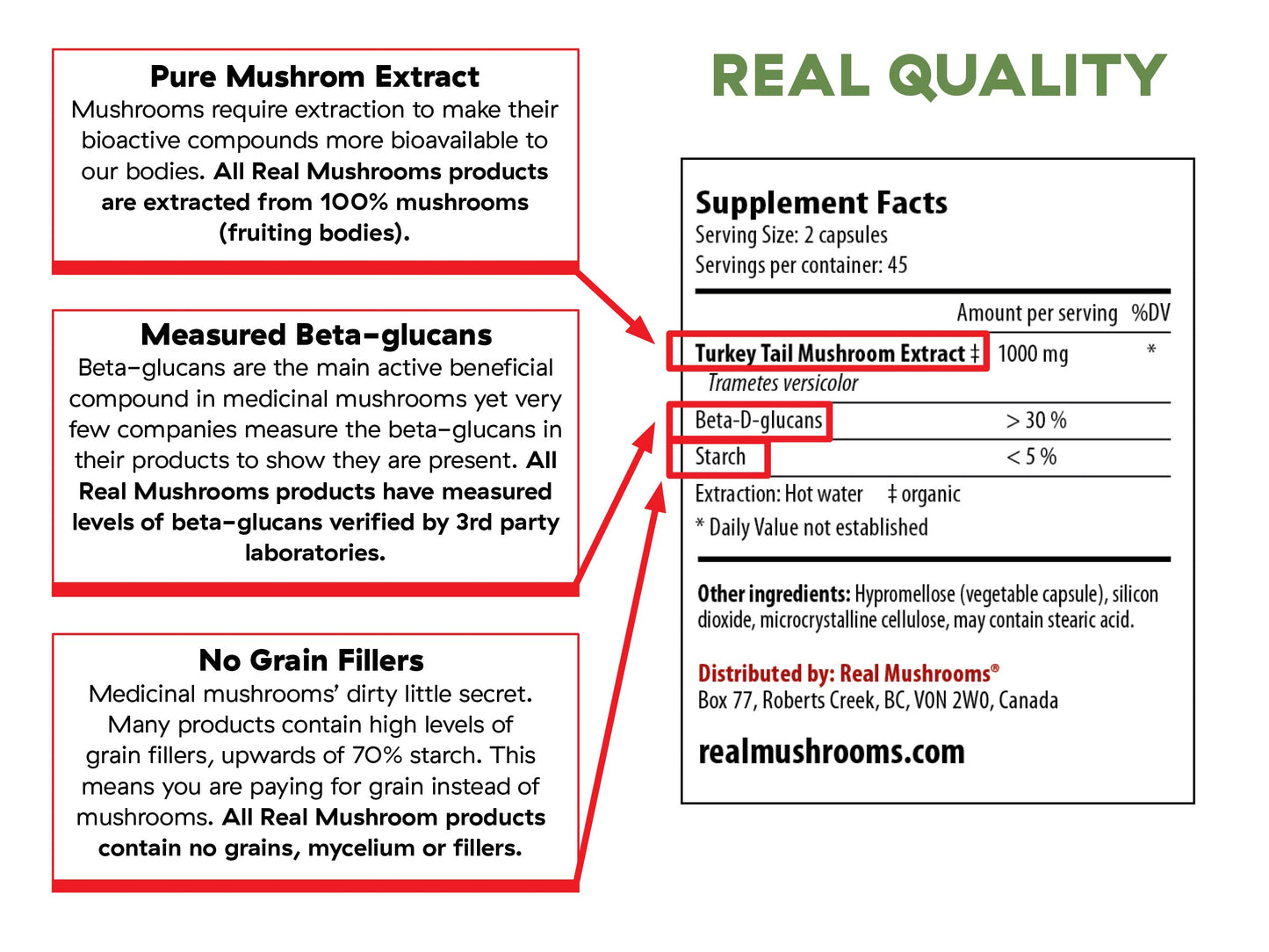 Label from Real Mushrooms brand Turkey Tail Immune Support extract powder, bulk | Best Natural Pets