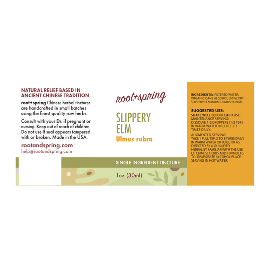 Label with Ingredients, Suggested Use, and Precautions for root + spring Slippery Elm Ulmus Rubra Chinese herbal tincture.
