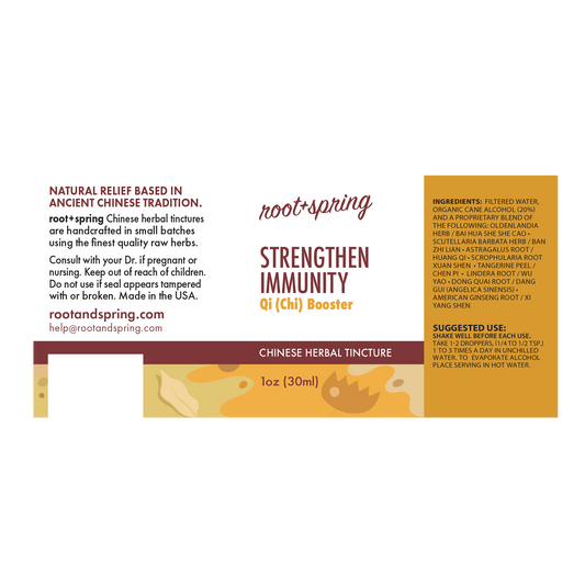 Label with Ingredients, Suggested Use, and Precautions for root + spring Strengthen Immunity Qi Chi Booster Chinese herbal tincture.