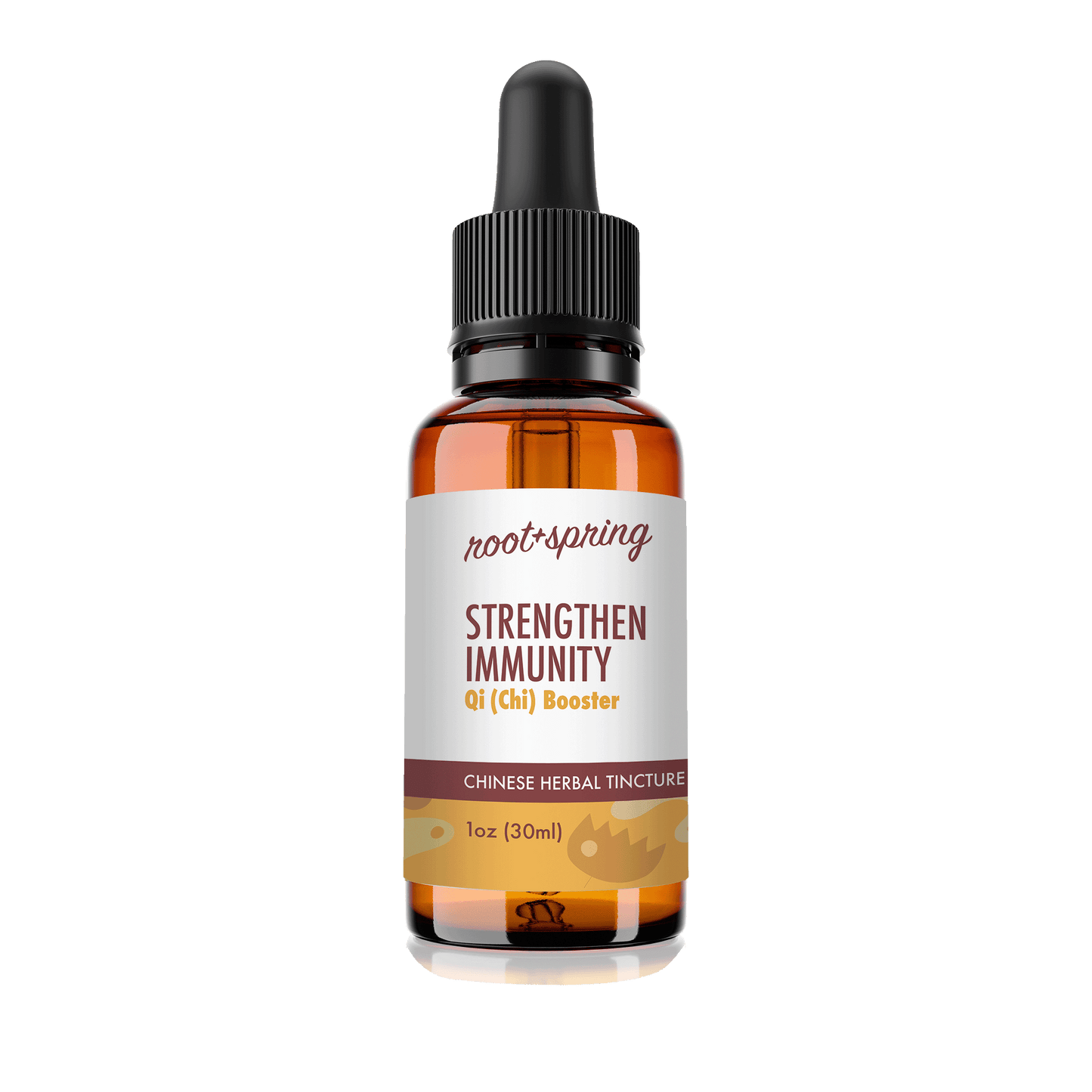 Eyedropper-top Chinese herbal tincture containing 1 fluid ounce (30 milliliters) of Strengthen Immunity Qi (Chi) Booster by root + spring.