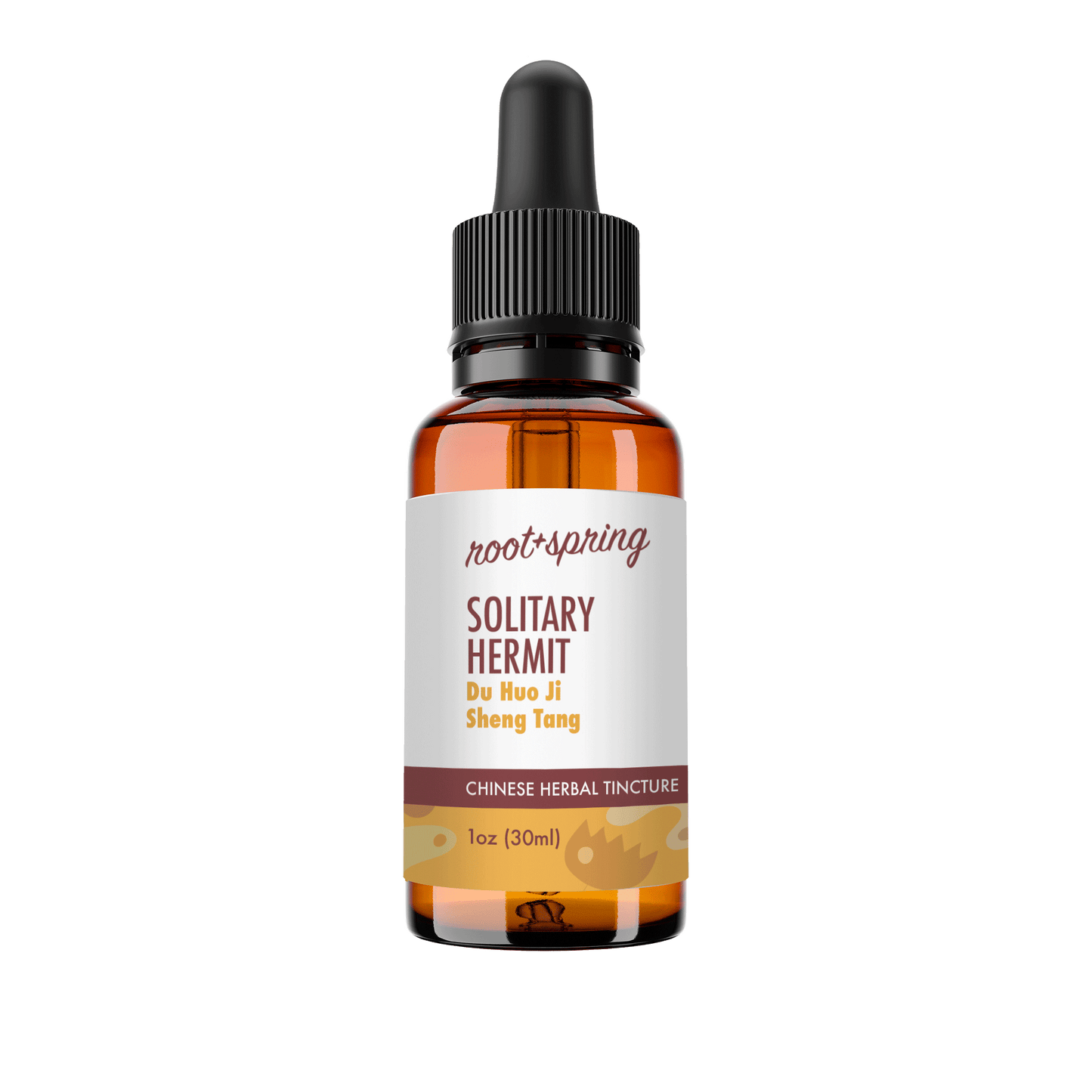 Amber eyedropper-top tincture bottle containing 1 fluid ounce (30 milliliters) of root + spring Solitary Hermit Du Huo Ji Sheng Tang Chinese herbal tincture.