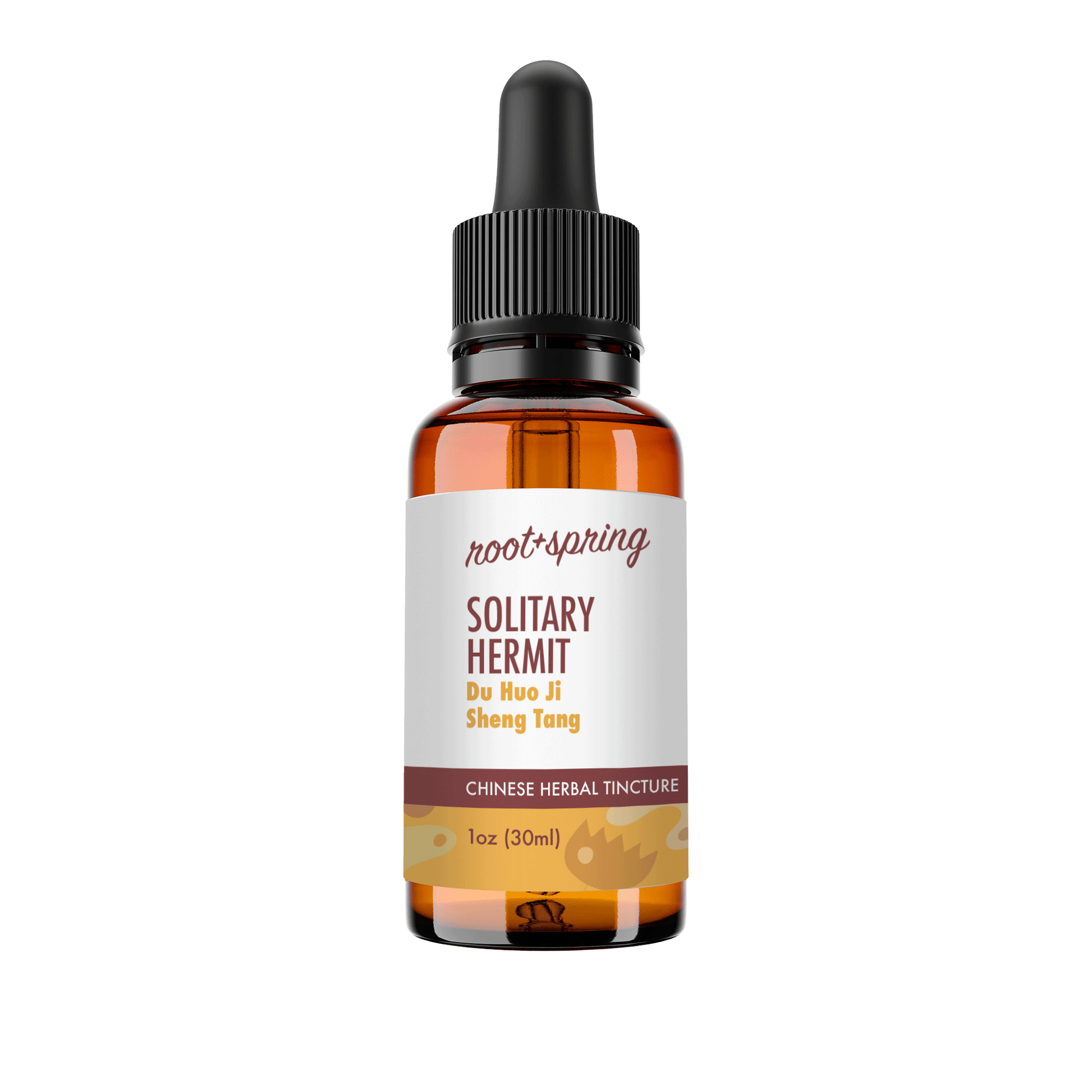 Amber eyedropper-top tincture bottle containing 1 fluid ounce (30 milliliters) of root + spring Solitary Hermit Du Huo Ji Sheng Tang Chinese herbal tincture.