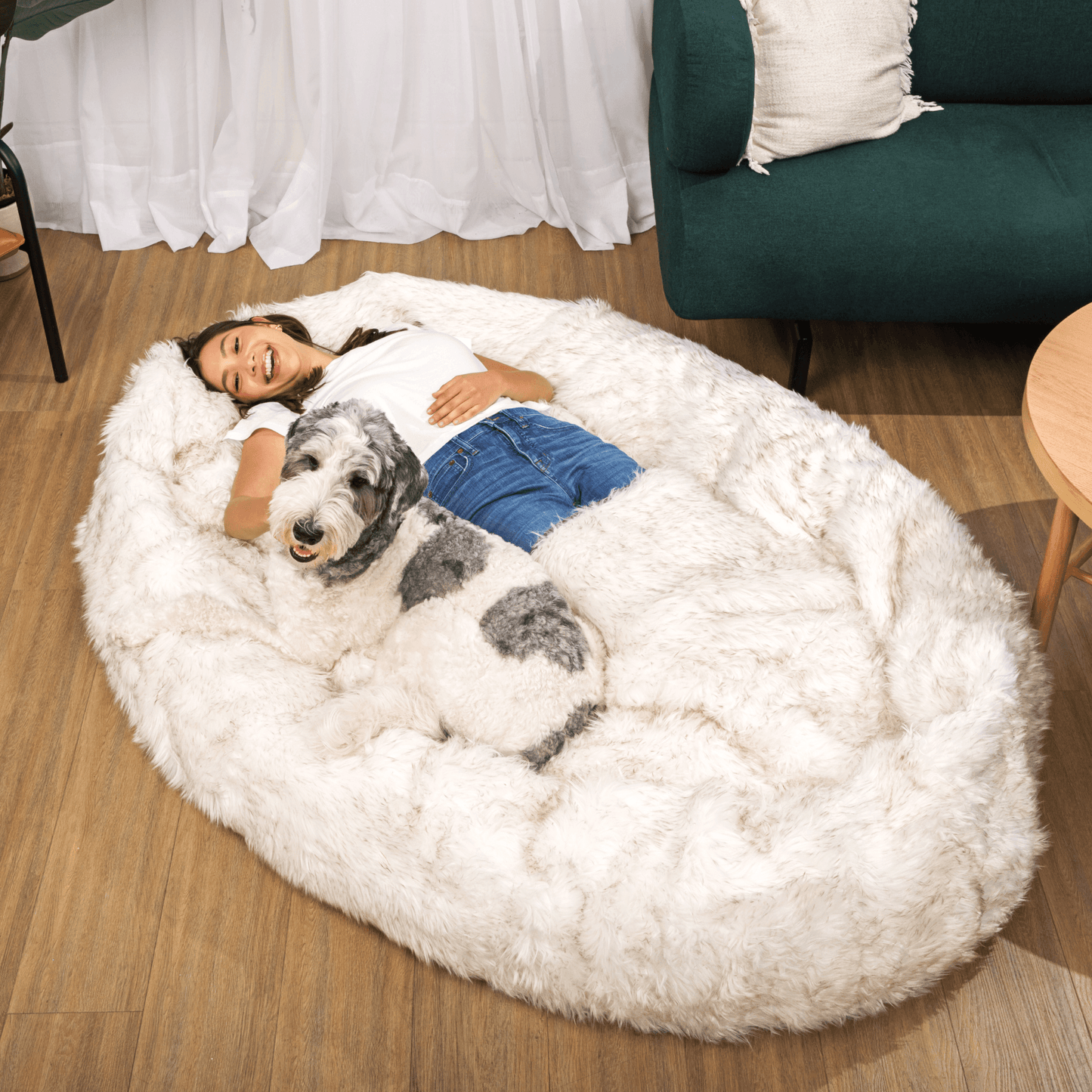 PupCloud™ Human-Size Faux Fur Memory Foam Dog Bed - White with Brown Accents