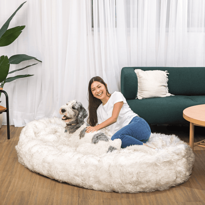 PupCloud™ Human-Size Faux Fur Memory Foam Dog Bed - White with Brown Accents