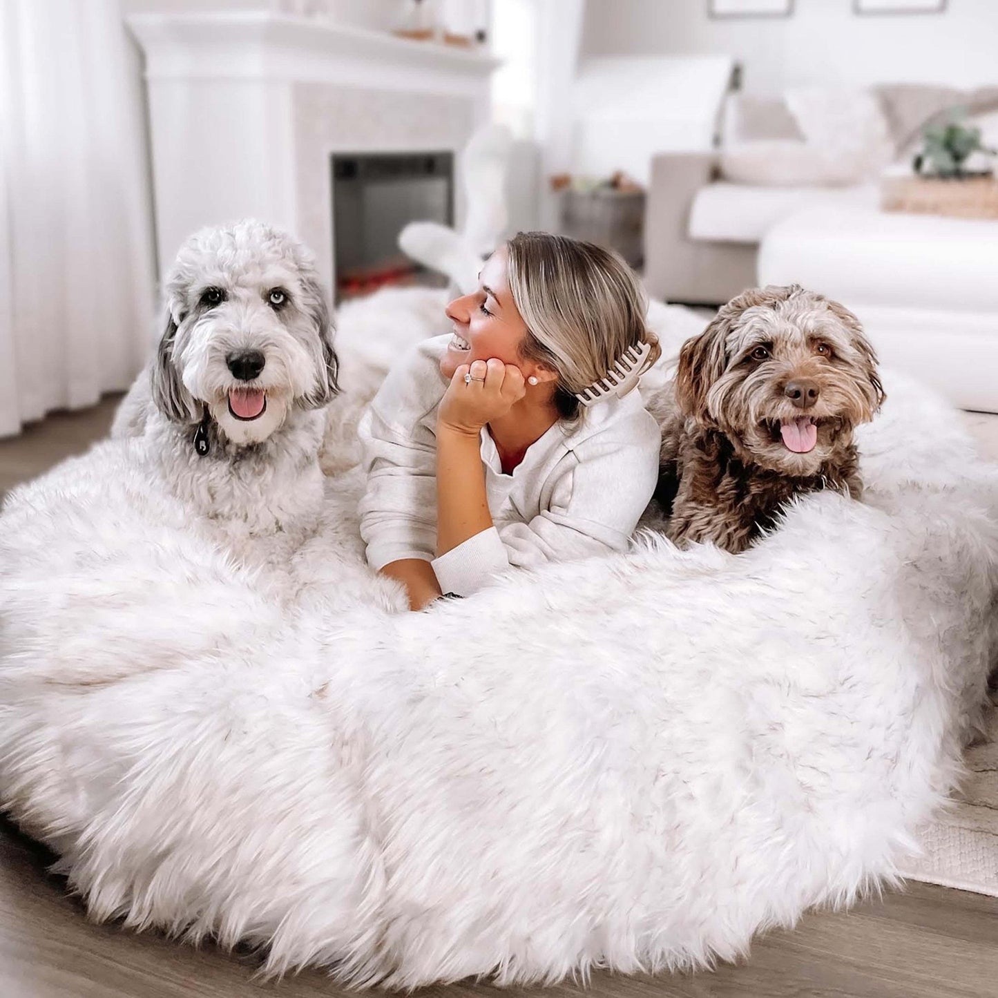 PupCloud™ Human-Size Faux Fur Memory Foam Dog Bed - White with Brown Accents