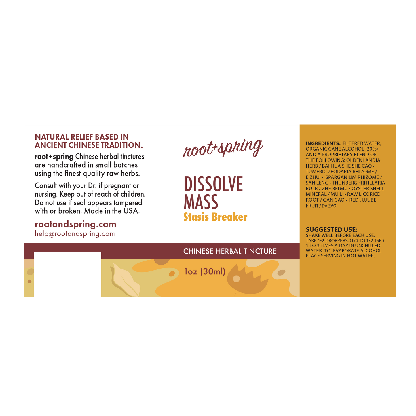 Label of root + spring Dissolve Mass Stasis Breaker Chinese herbal tincture.