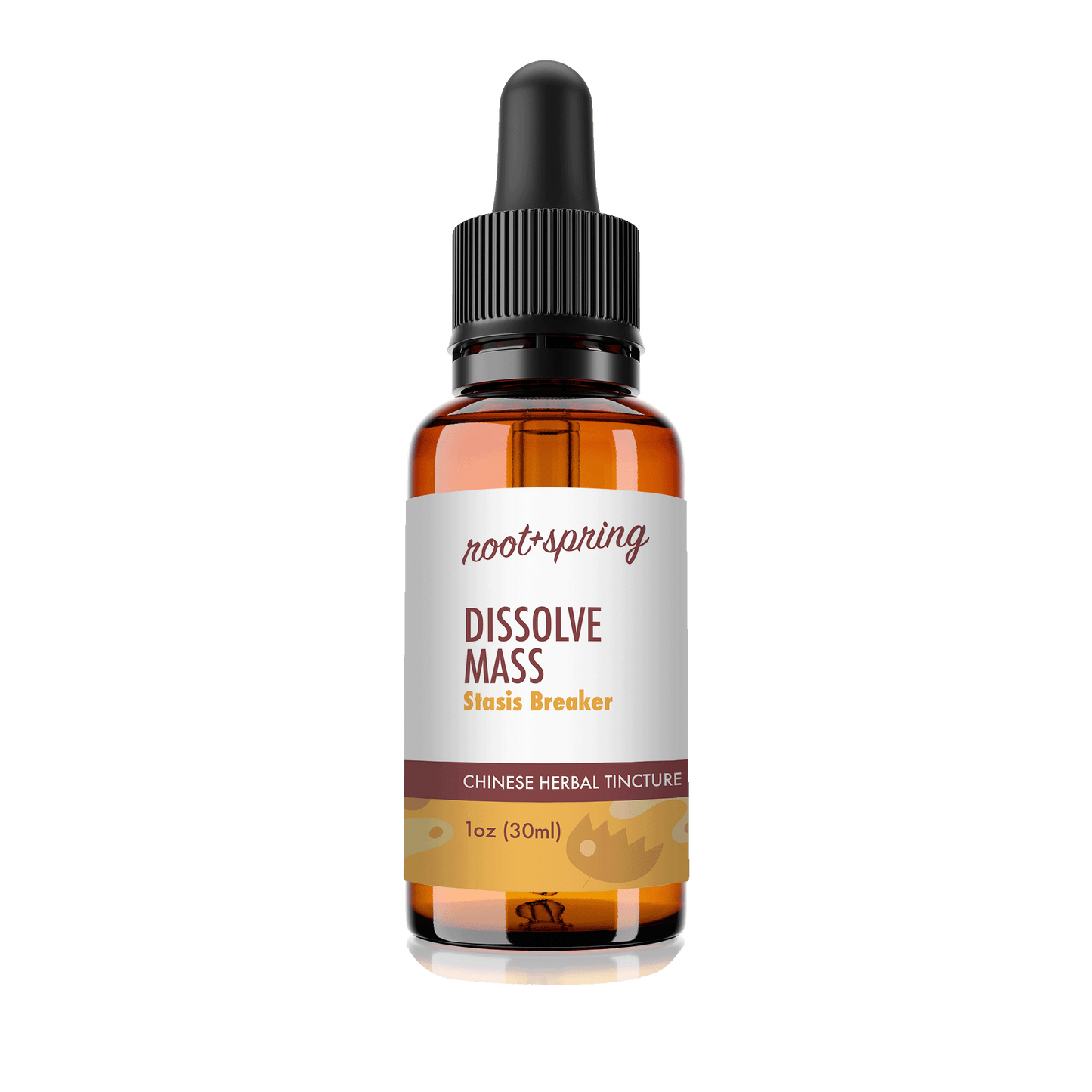 Amber eyedropper-top tincture bottle containing 1 fluid ounce (30ml) of root + spring Dissolve Mass Stasis Breaker Chinese Herbal Tincture.