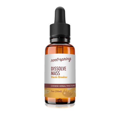 Amber eyedropper-top tincture bottle containing 1 fluid ounce (30ml) of root + spring Dissolve Mass Stasis Breaker Chinese Herbal Tincture.