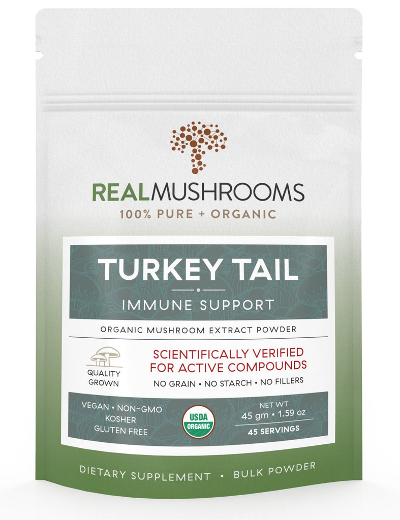 Green and tan resealable zip bag of bulk Turkey Tail Immune Support powder by Real Mushrooms brand , 45 49 gram servings | Best Natural Pets
