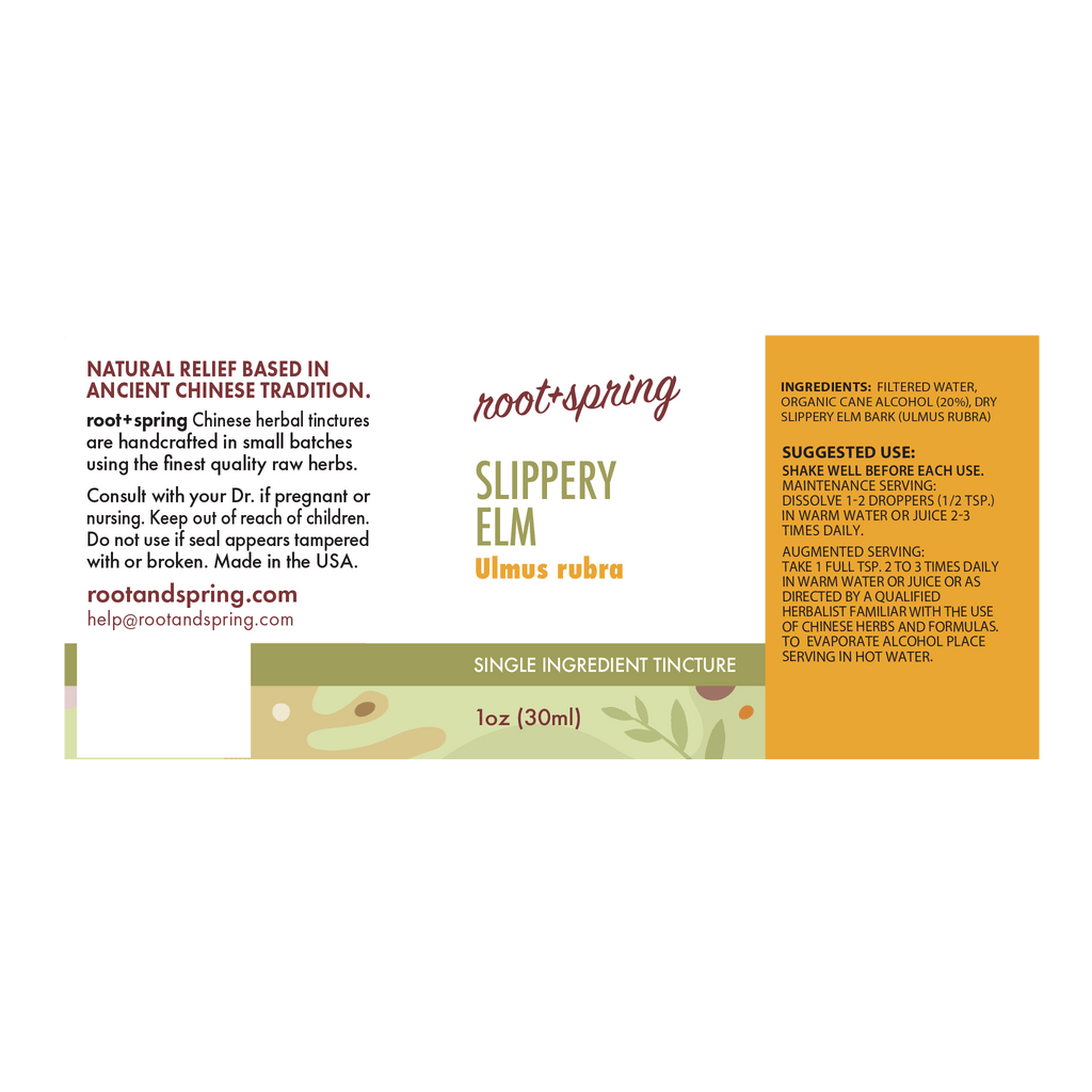 Label with Ingredients, Suggested Use, and Precautions for root + spring Slippery Elm Ulmus Rubra Chinese herbal tincture.