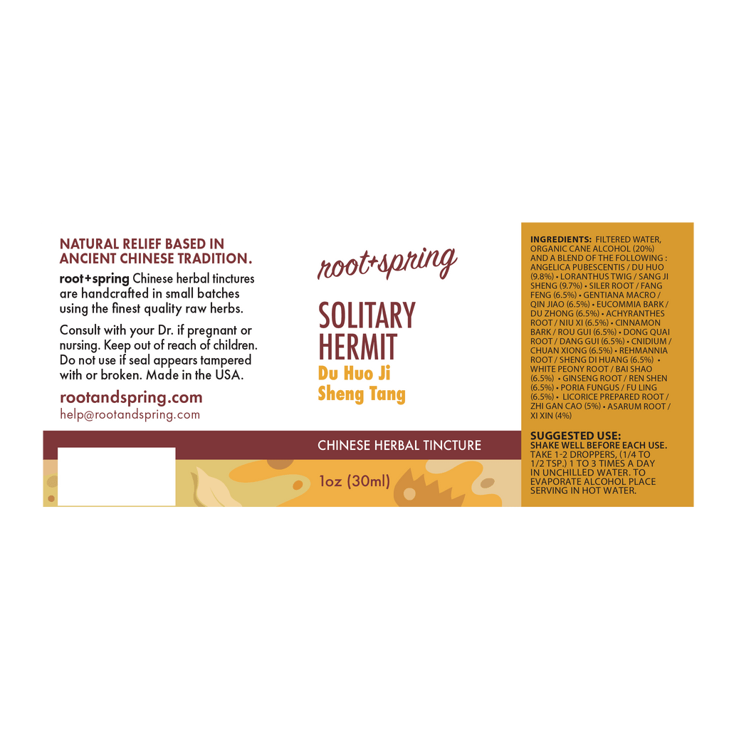 Label with Ingredients, Suggested Use, and Precautions for root + spring Solitary Hermit Du Huo Ji Sheng Tang Chinese herbal tincture.