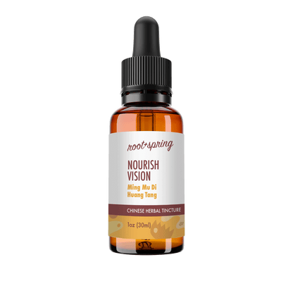 Amber glass dropper bottle of Nourish Vision Ming Mu Di Huang Tang Chinese Herbal Tincture with white and brown label.