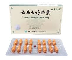 Bright orange Yunnan Baiyao capsules (Jiaonang) for dogs in a blister pack with tan and green box in the background.